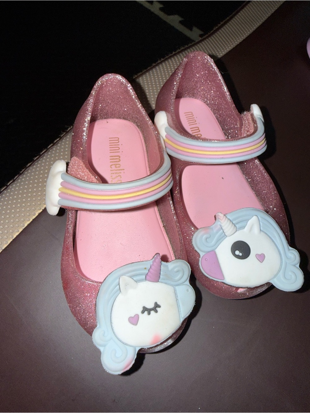 Mini Melissa Pink Glitter Unicorn Mary Janes with Rainbow Strap
